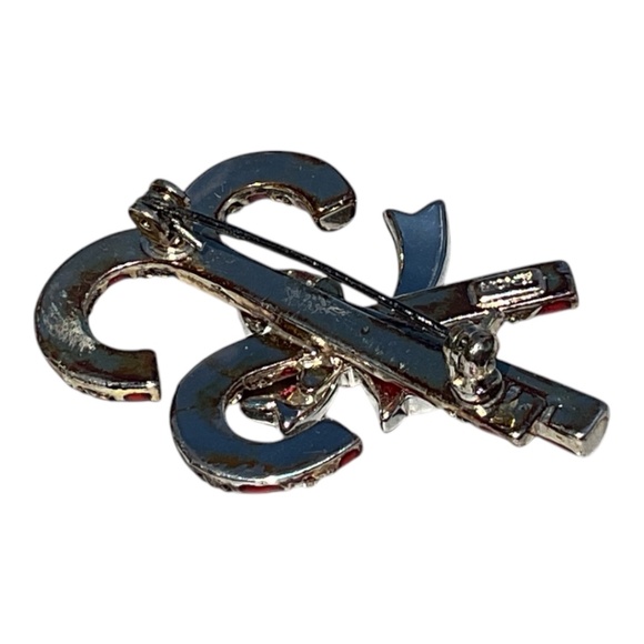 Monet Red and Silver Candy Cane Brooch Vintage Rhinestones 2” long - Picture 4 of 9